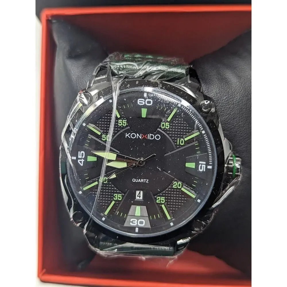 KONXIDO Mens Black Green Leather Band Analog Quartz Watch KX63003